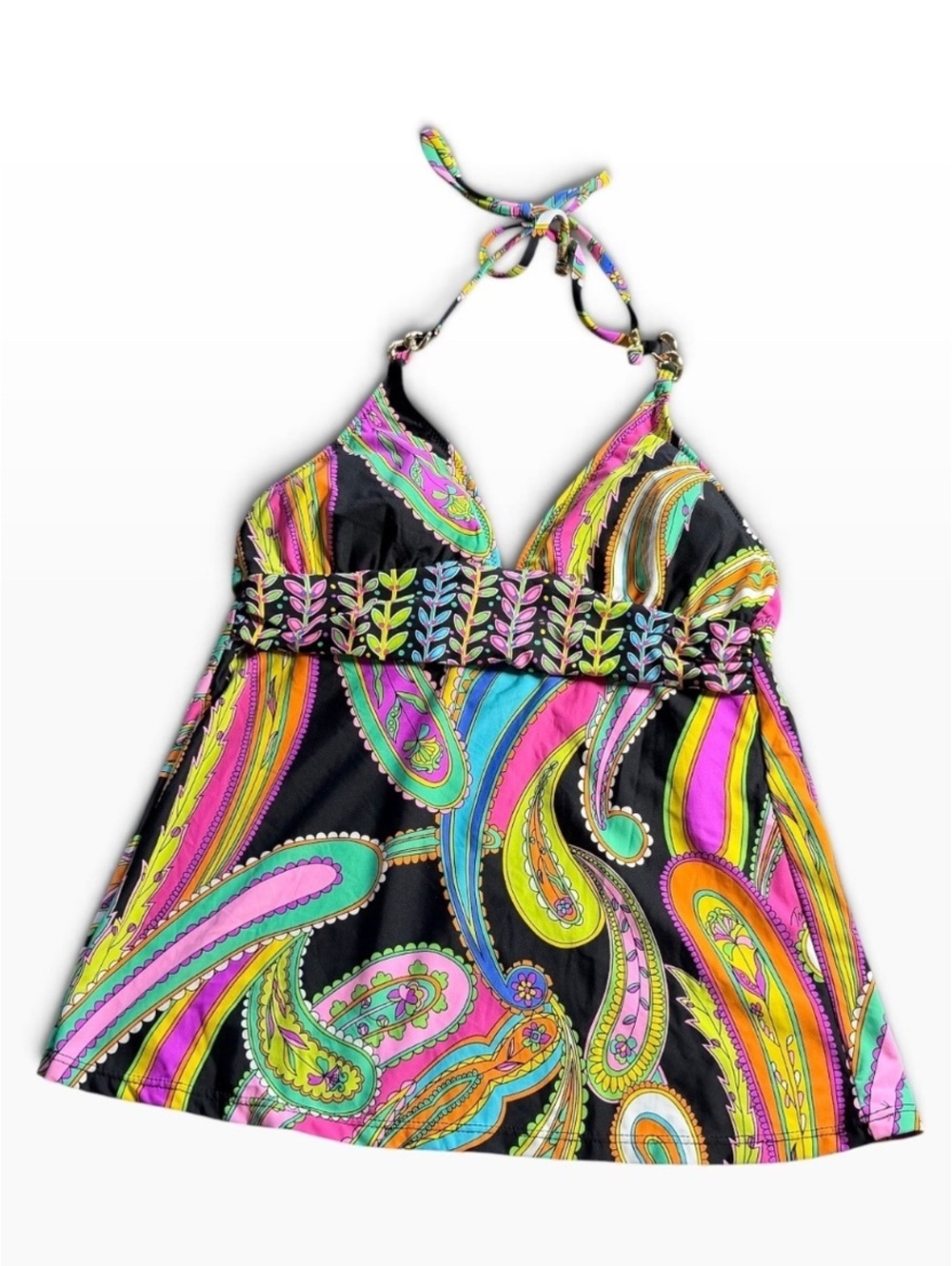 TRINA TURK colorful paisley tankini swim top w gold hardware size 4 New